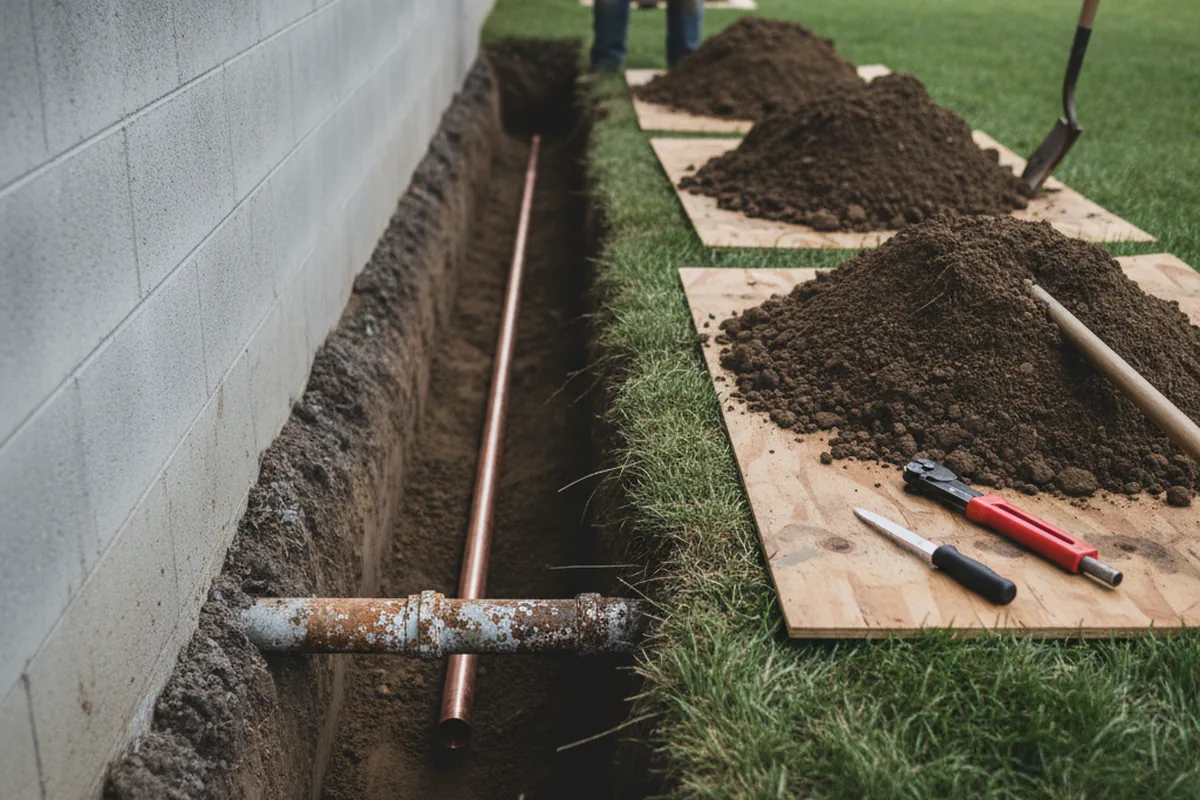 Excavated water line trench during Water Softener Installation in Ladd